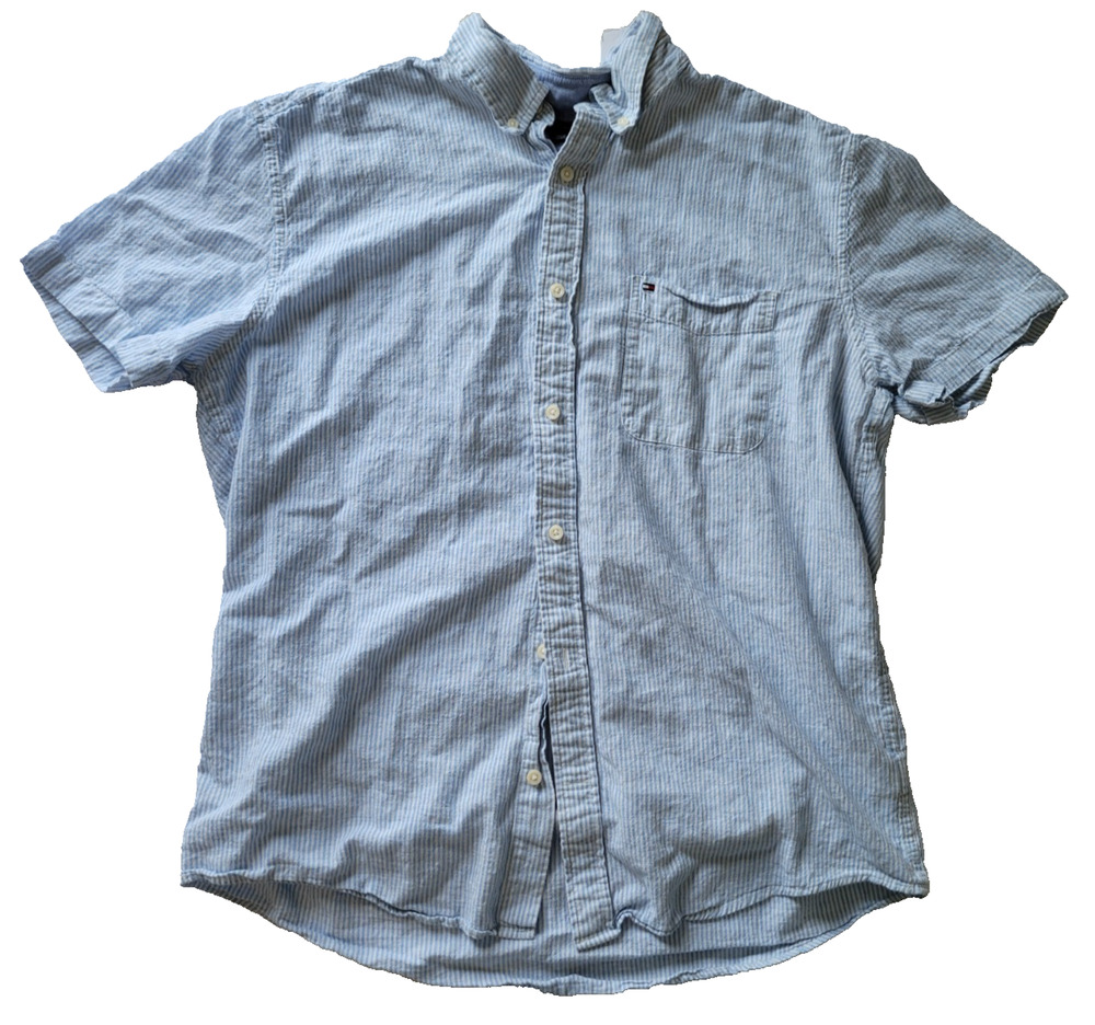 Tommy Hilfiger Mens XL Blue Striped Linen Cotton Short Sleeve Button Shirt